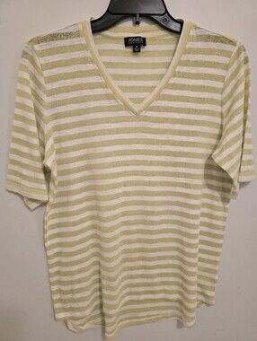 Jones New York Pale Green and White Striped V-Neck Tee